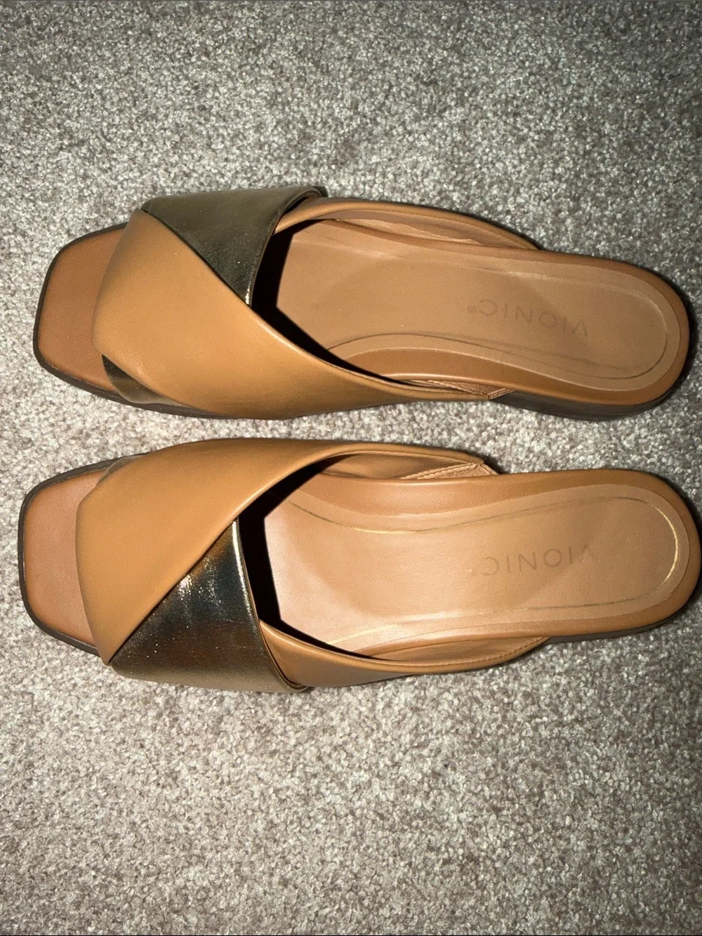 Vionic Two-Tone Tan and Gold Slide Sandals - Picture 2 of 5